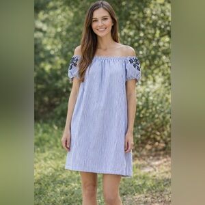 Who What Wear Off-Shoulder Blue Striped Dress